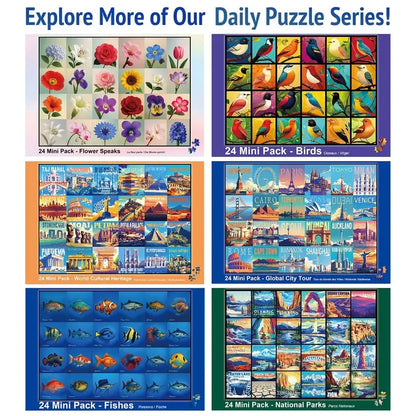 Travel Series, 24 Mini Pack 1000 Pieces Jigsaw Puzzle, 8 Puzzle Stickers, 3 Themes: National Parks, World Heritage, Global City Tour