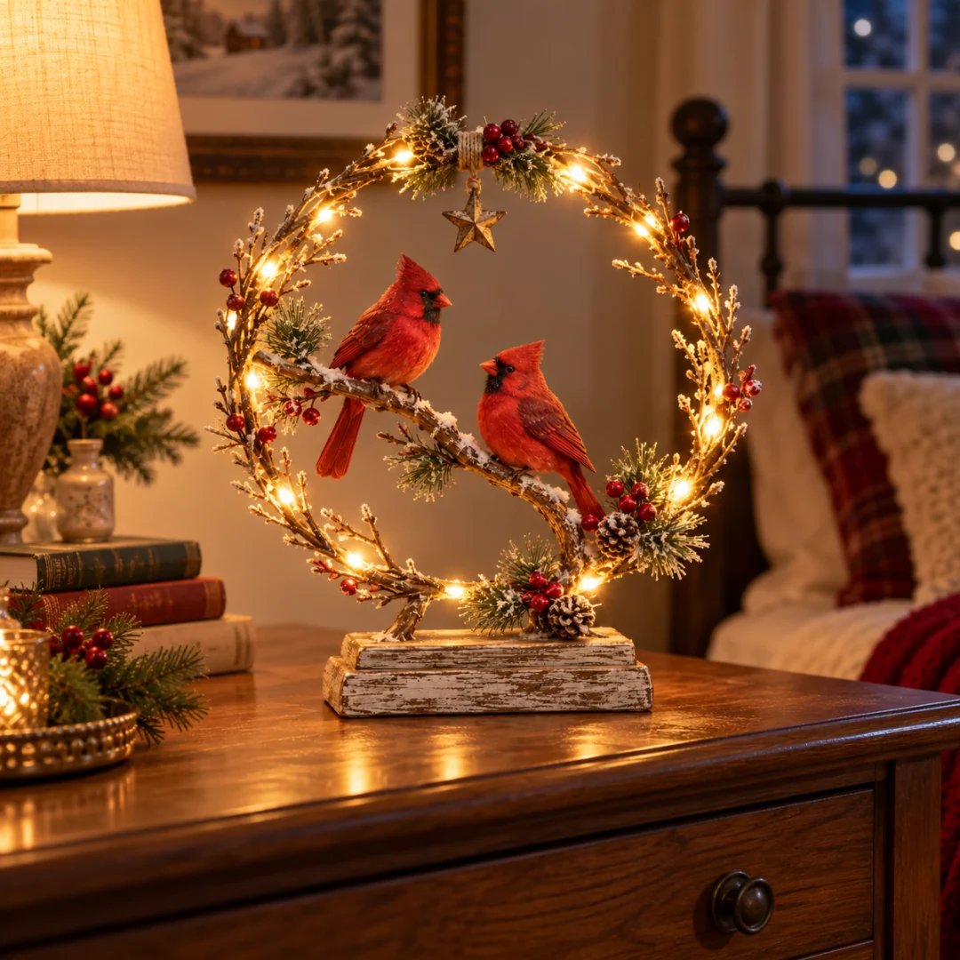 🔥 Last Day 50% OFF✨-Lighted Cardinal Tabletop Decor, Rustic Red Cardinal Pair with Warm LED Lights