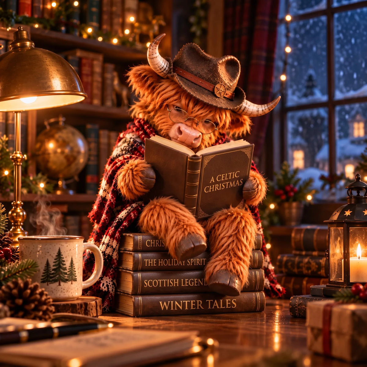 📚Last day Promotion 🔥-🐮Enchanted Highland Cow Reader Sculpture for Cozy Winter Book Nook Decor 📚