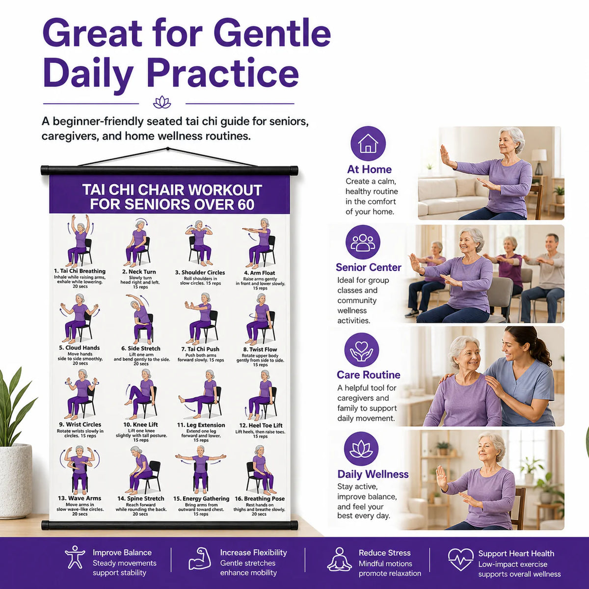 Senior Wellness Exercise Poster – 16-Step Chair Tai Chi Routine for Daily Mobility