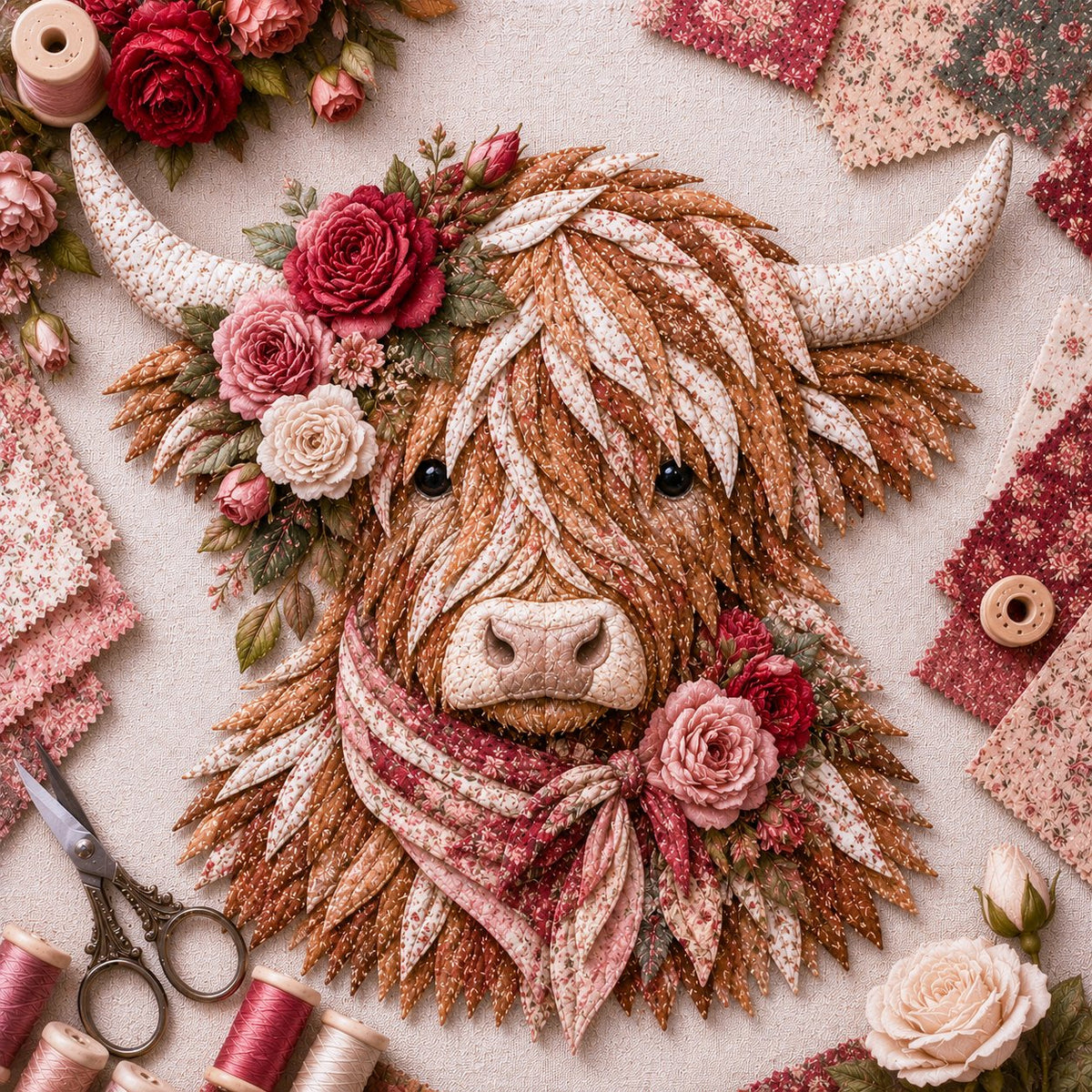🔥 Last Day 50% OFF✨-🐮 DIY Highland Cow 3D Fabric Art Kit with Beautiful Birth Flower Design 🌸✨