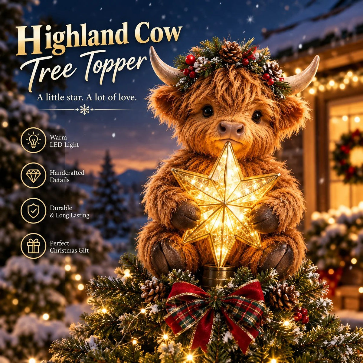 🎄 Last Day 50% OFF✨-🐮Baby Highland Cow Glowing Star Tree Topper for Magical Christmas Decor ✨