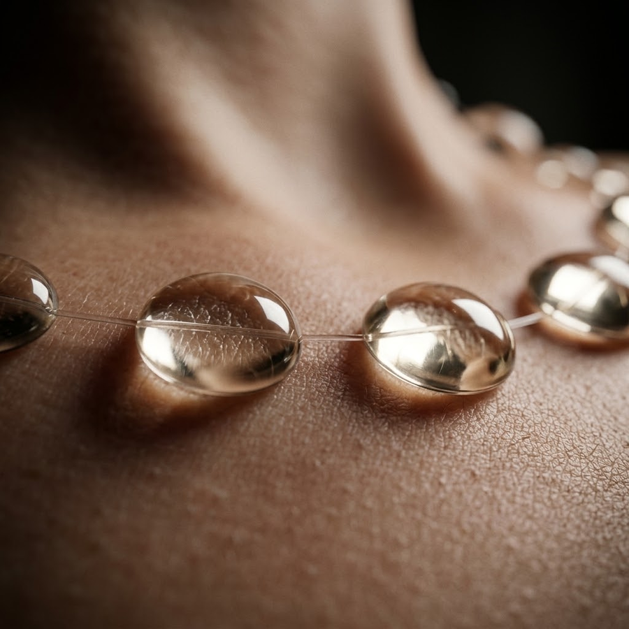 Asymmetric Dewdrop Necklace worn with a white neckline