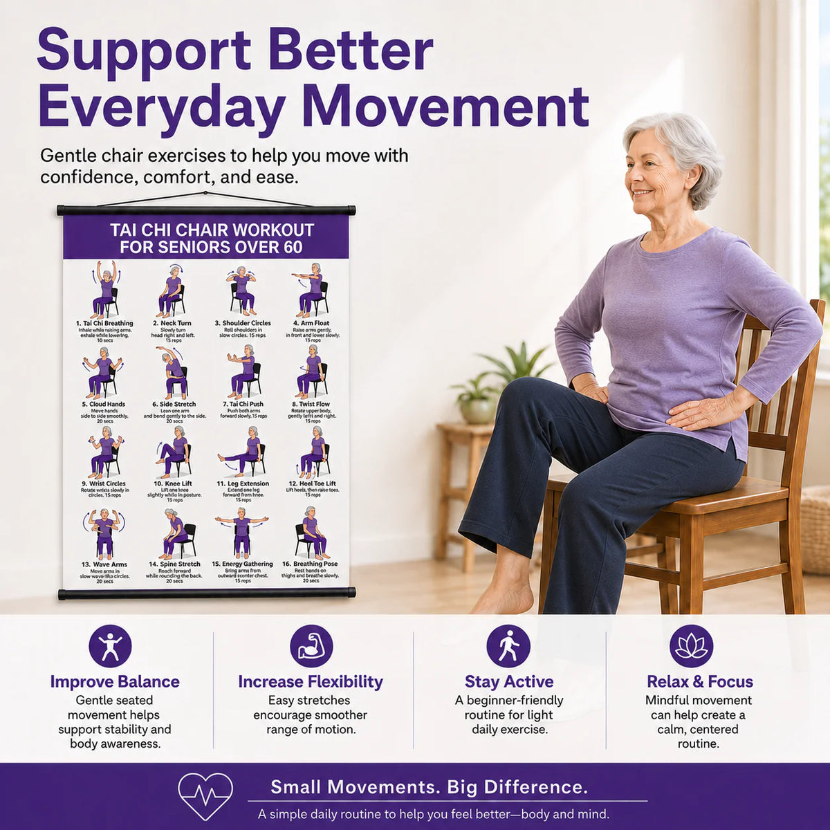 Senior Wellness Exercise Poster – 16-Step Chair Tai Chi Routine for Daily Mobility