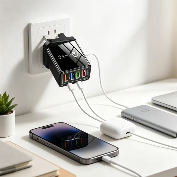⏰Last day Promotion 🔥-⚡ AI-GaN 4-Port Fast Charger – Quick Charge 3.0 Smart Power Hub for Multi-Device Charging🔋