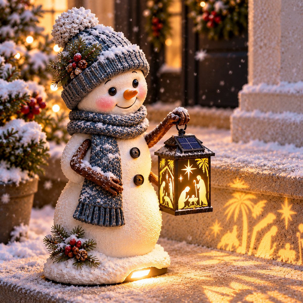 Festive Christmas lantern display in a winter setting