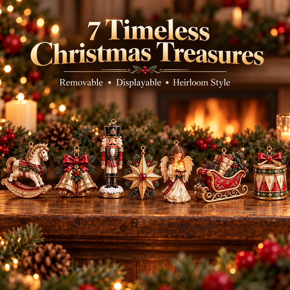 7-Piece Vintage Christmas Garland |Removable 3D Ornaments