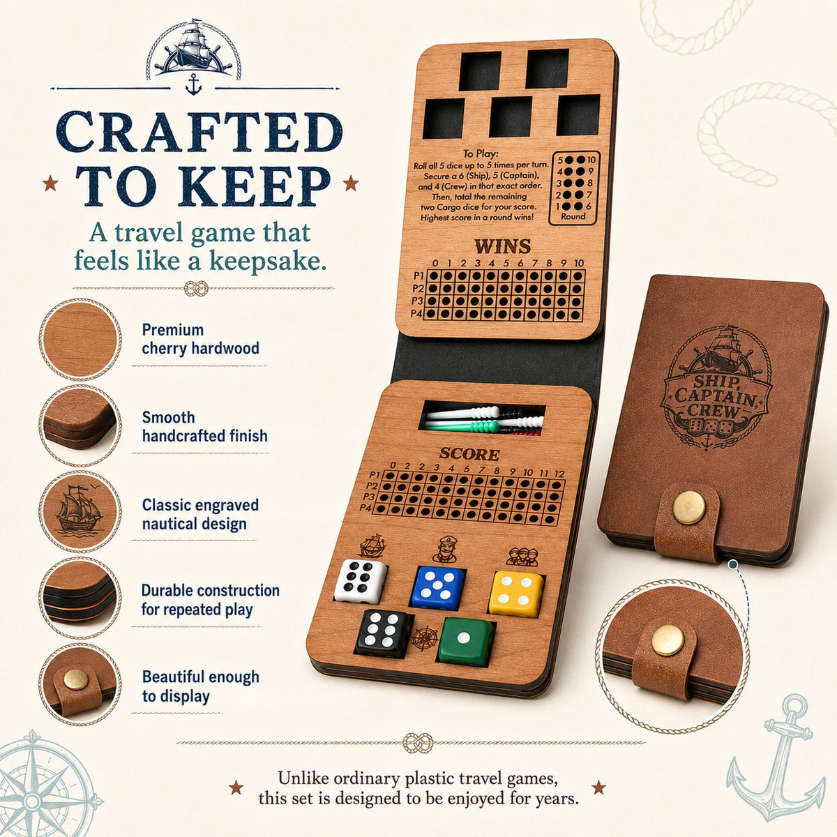 🔥 Last Day 50% OFF✨-⚓Ship, Captain, Crew Wooden Dice Game for Family Fun & Travel 🎲