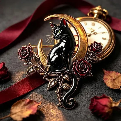 🐈‍⬛ Last Day 50% OFF✨-🌙 Gothic Black Cat Crescent Moon Rose Brooch 🖤