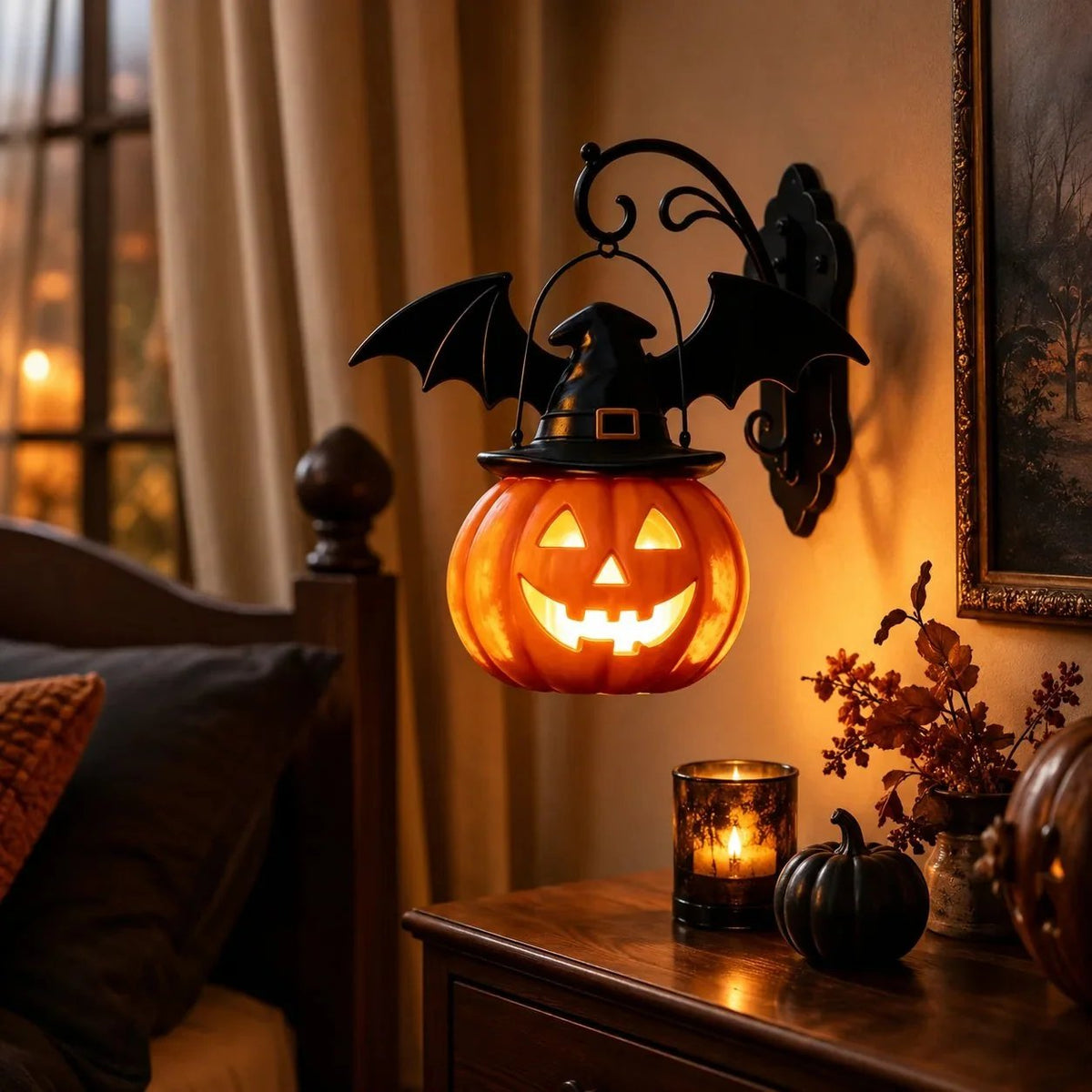 🎃Last Day 50% OFF✨-🦇Bat Hat Pumpkin Wall Lamp for Spooky, Cozy & Festive Home Decor 👻