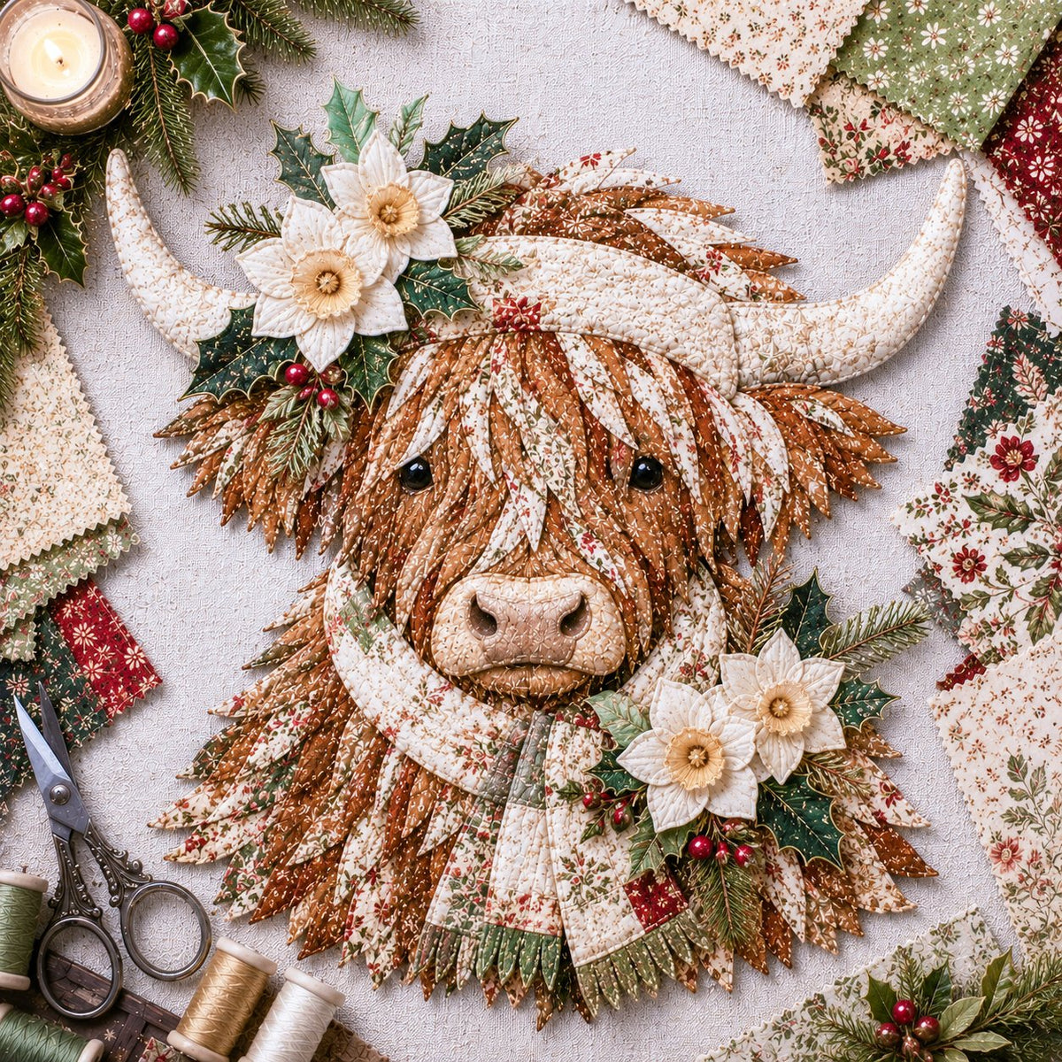 🔥 Last Day 50% OFF✨-🐮 DIY Highland Cow 3D Fabric Art Kit with Beautiful Birth Flower Design 🌸✨