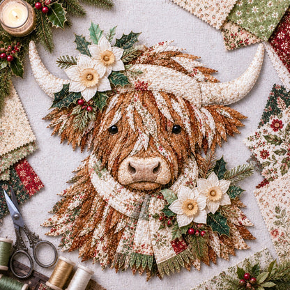 🔥 Last Day 50% OFF✨-🐮 DIY Highland Cow 3D Fabric Art Kit with Beautiful Birth Flower Design 🌸✨