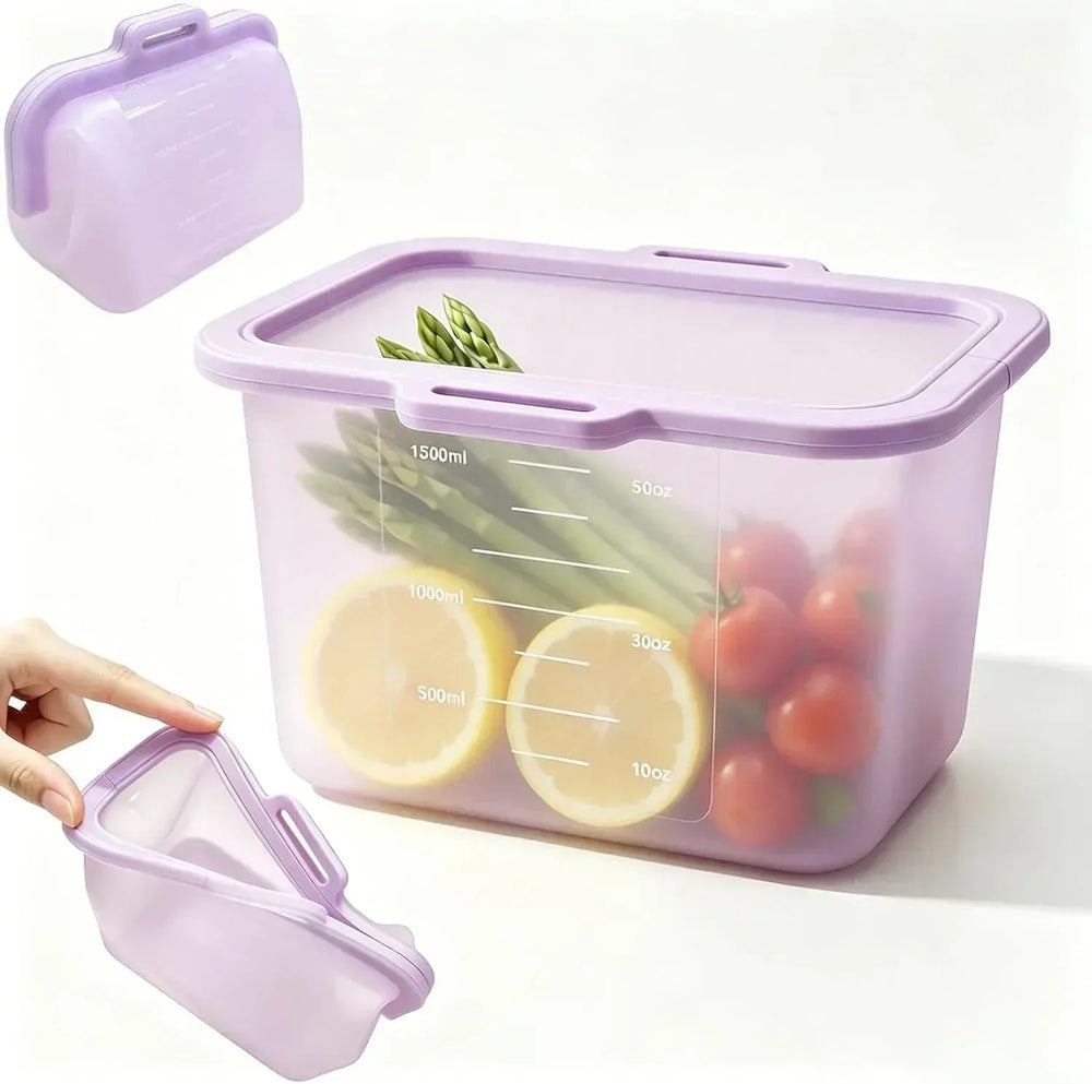 Lavender reusable food storage bag showing its wide top opening