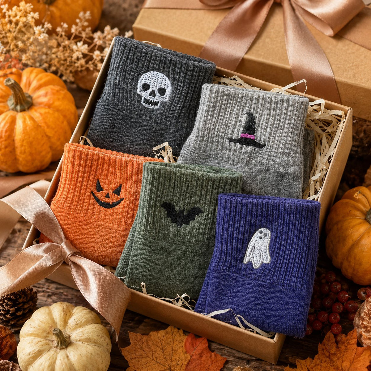 🎃Viral Halloween Embroidered Crew Socks – Cute Spooky Knit Socks | 100% Cotton✨
