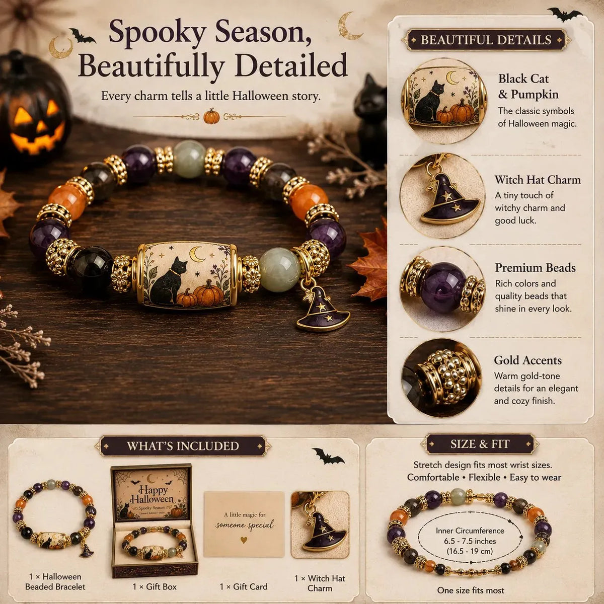 ⏰Last day Promotion 🔥-🎃 Halloween Beaded Bracelet – Black Cat & Pumpkin Charm Spooky Season Jewelry Gift