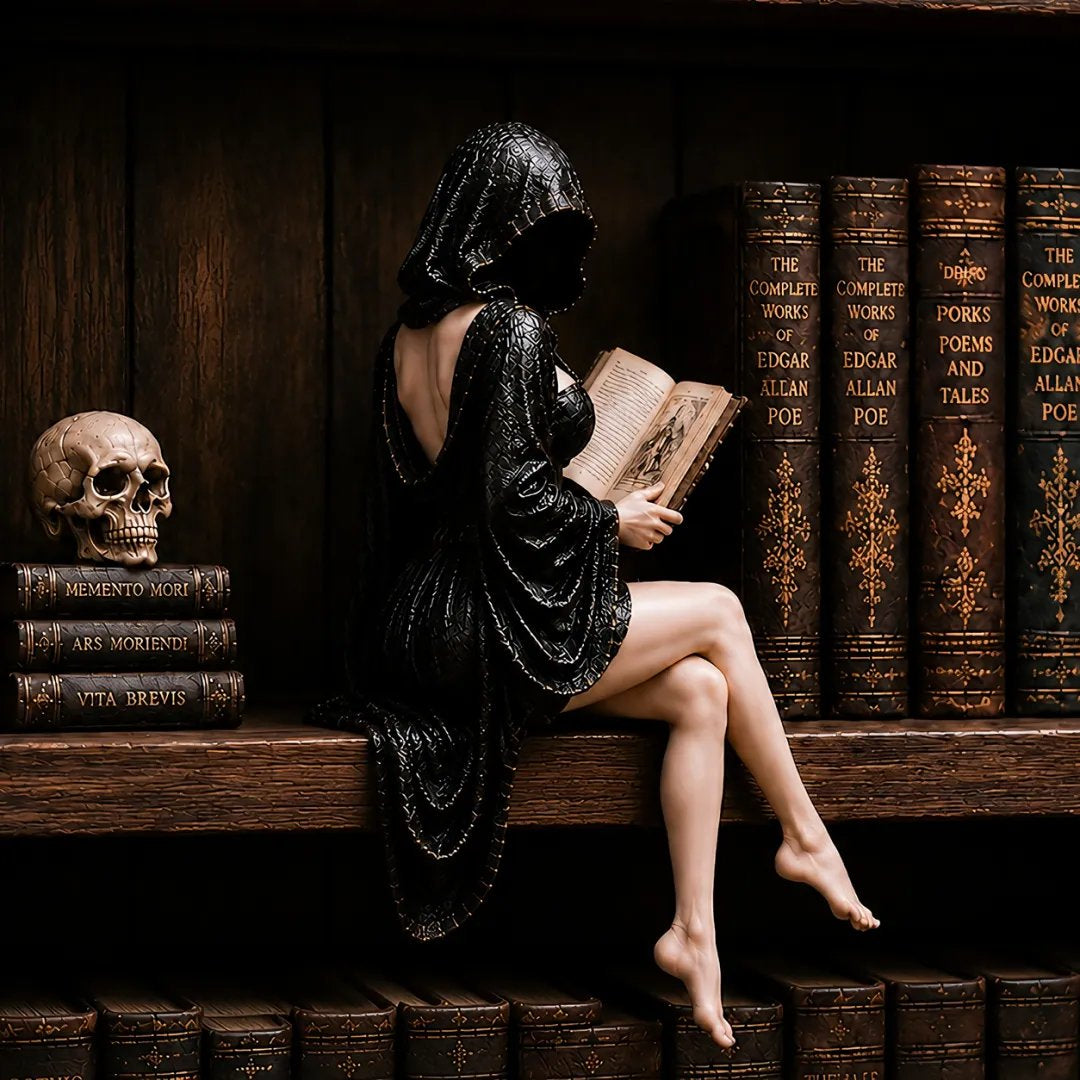 🖤Gothic Hooded Reader Figurine – Dark Academia Bookshelf Decor