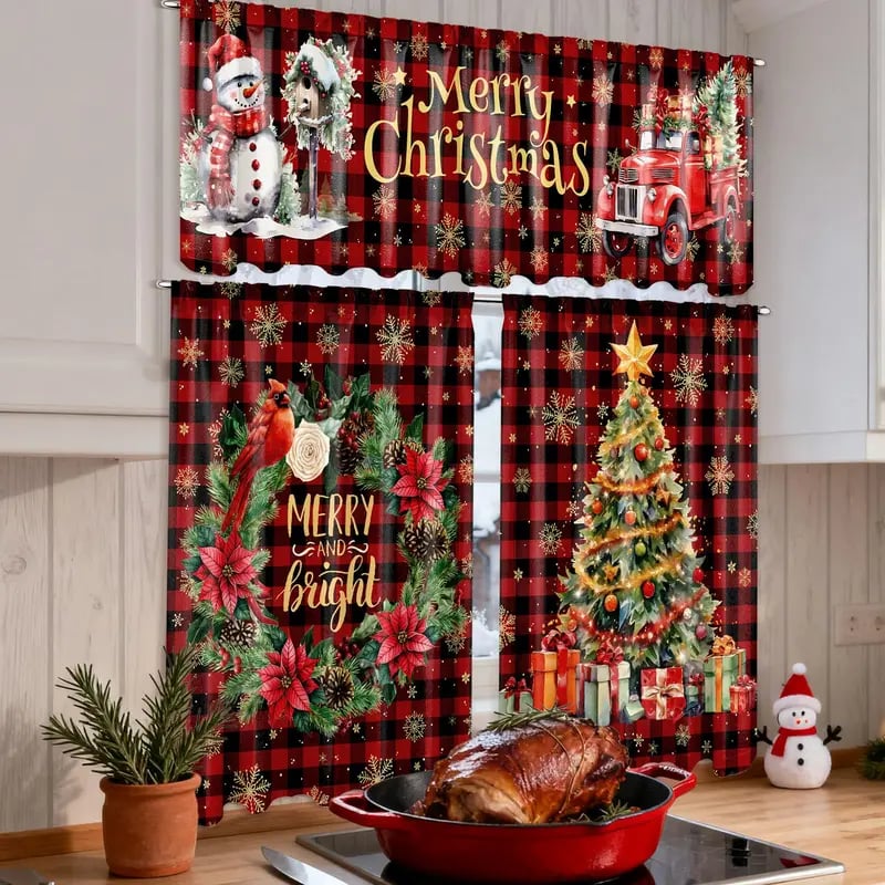 🎄Festive Christmas Kitchen Curtain Set – 3-Piece Holiday Window Decor🏡