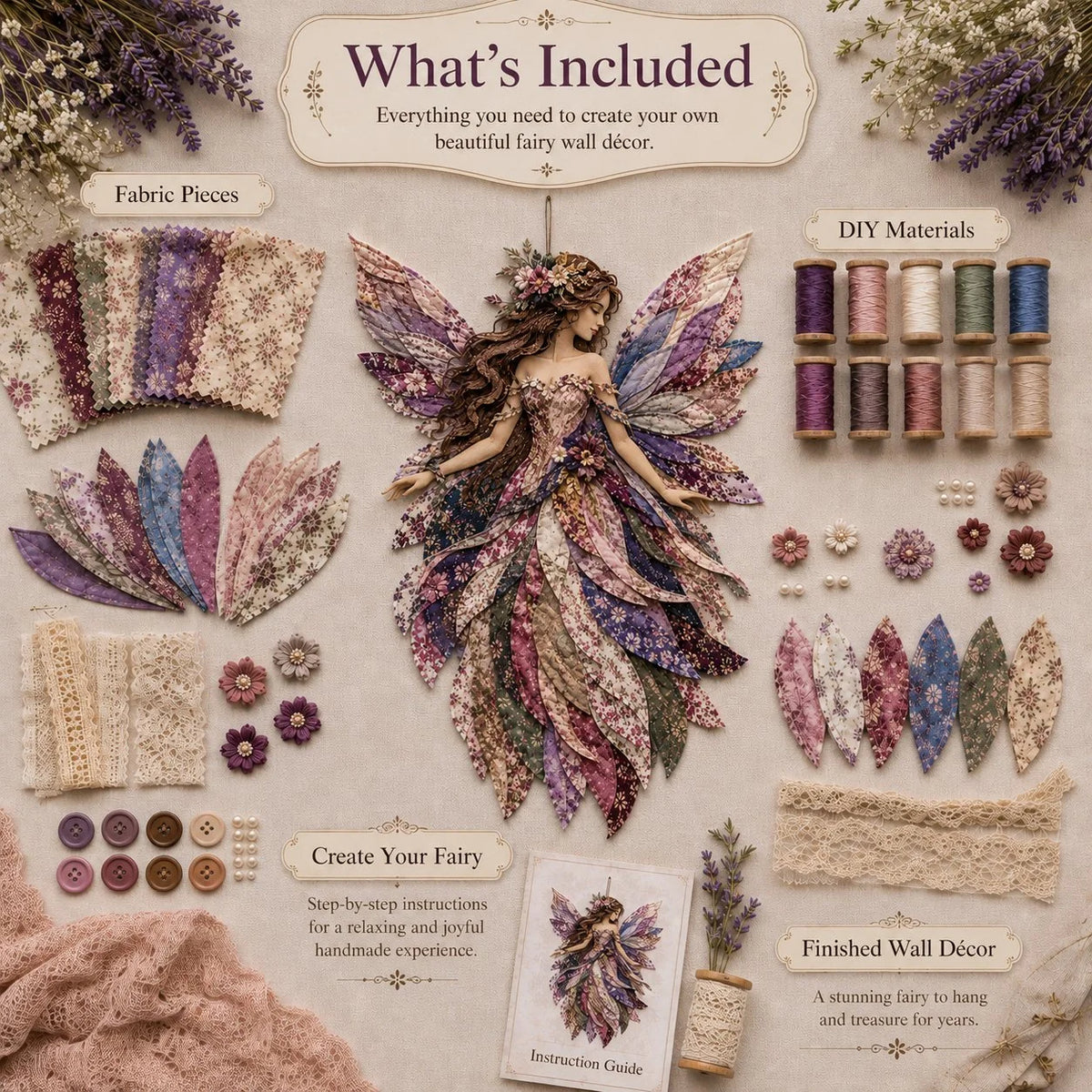 ⏰Last day Promotion 🔥-🧚Premium Fairy Patchwork DIY Kit for Whimsical Layered Fabric Art & Magical Floral Wall Decor 🌸