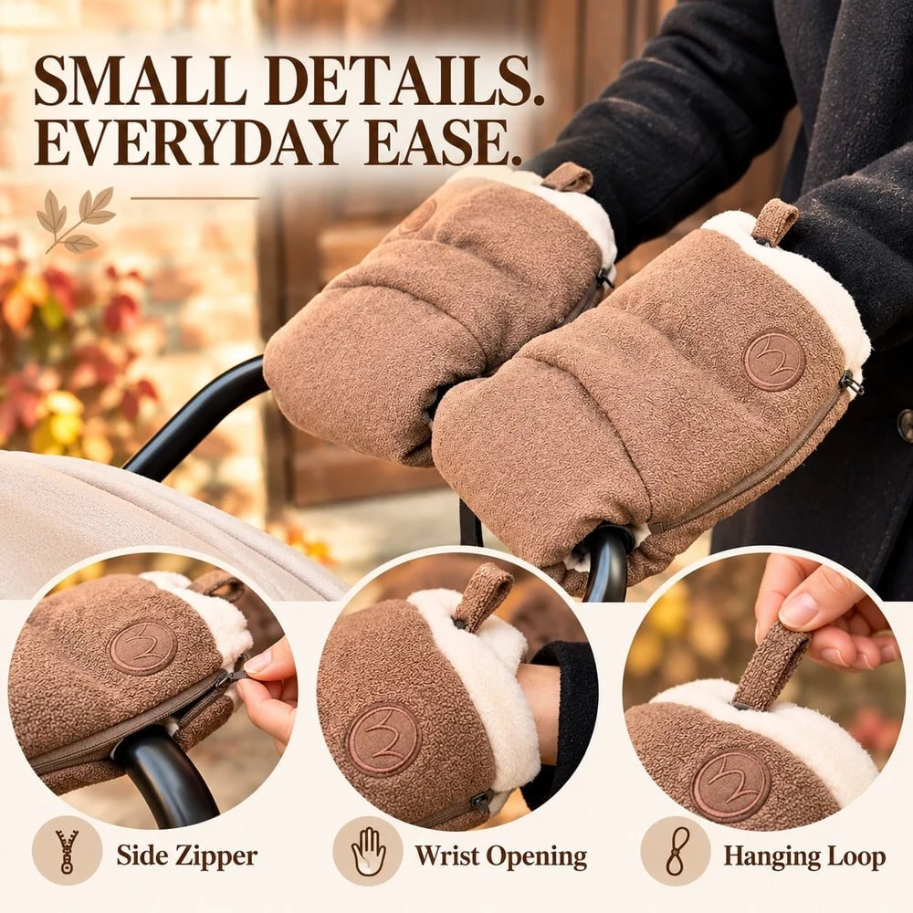 Brown stroller handlebar mitts showing the side zipper, soft wrist lining and hanging loop