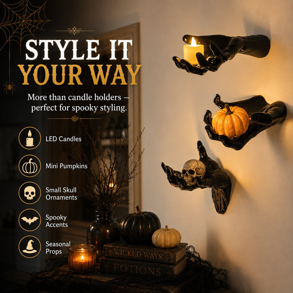 🔥 Last Day 50% OFF✨-🖤 3D Haunted Hand Candle Holders – 3PCS Spooky Halloween Decor 🕯️