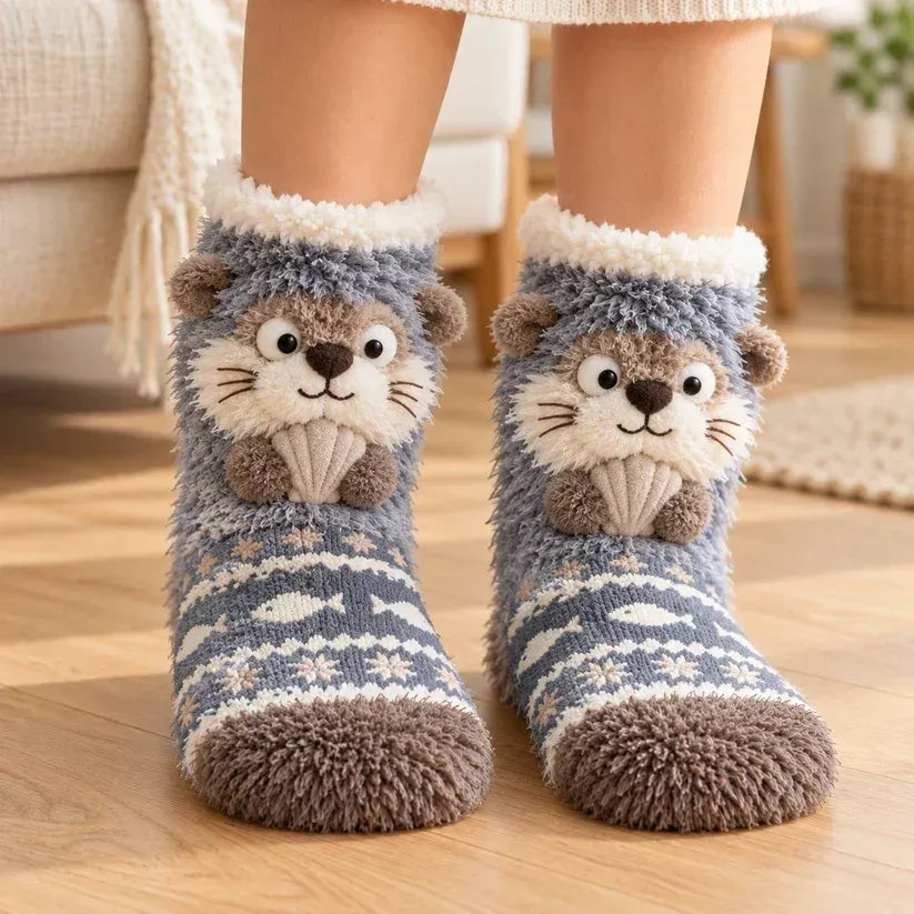 🐾 Holiday Celebration 50% OFF ✨-🦊 Cute 3D Animal Fuzzy Slipper Socks for Warmth ❄️