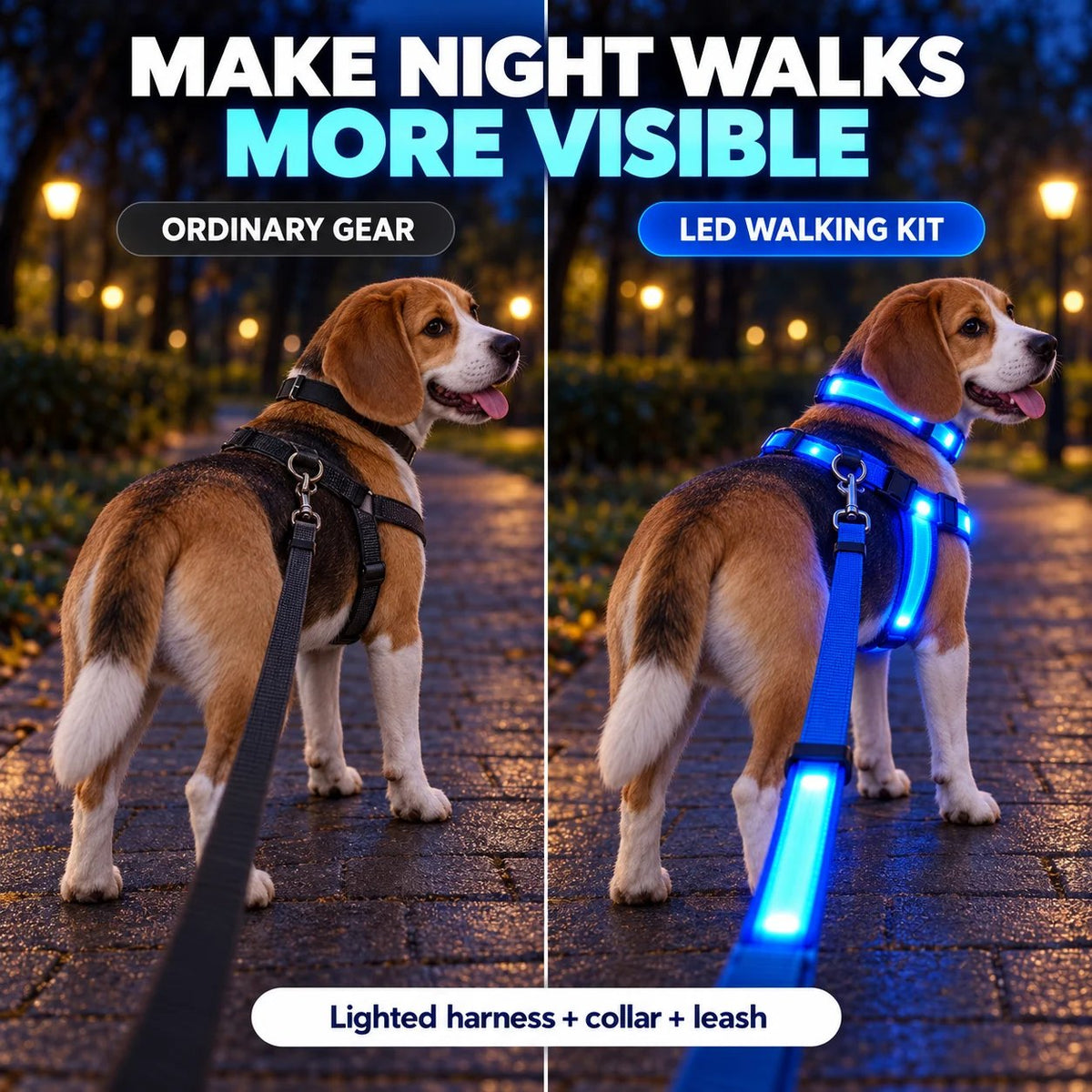 Comparison of a standard dark dog walking set and a glowing LED harness collar and leash