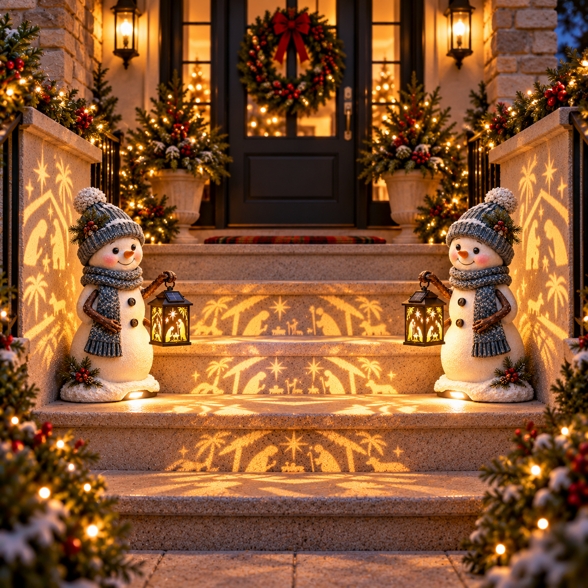 Matching Christmas snowman lanterns decorating entrance steps