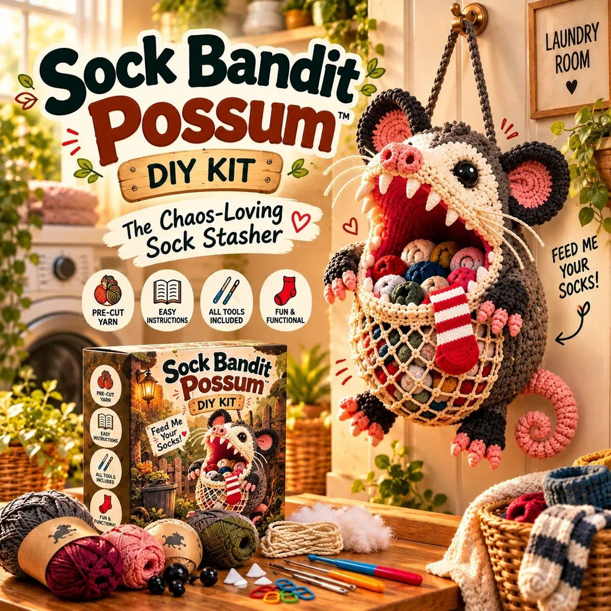DIY Crochet Animal Sock Holder Kit | Funny Hanging Laundry Organizer & Creative Handmade Gift 🦈🐊