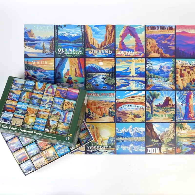 Travel Series, 24 Mini Pack 1000 Pieces Jigsaw Puzzle, 8 Puzzle Stickers, 3 Themes: National Parks, World Heritage, Global City Tour