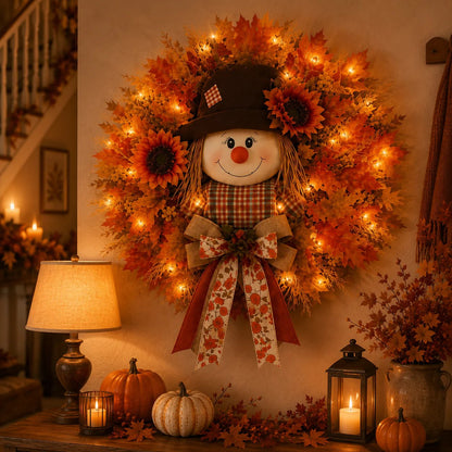 🍁 Holiday Celebration 50% OFF 🌻-🍂Lighted Scarecrow Fall Wreath for a Cozy, Welcoming Front Door Display ✨