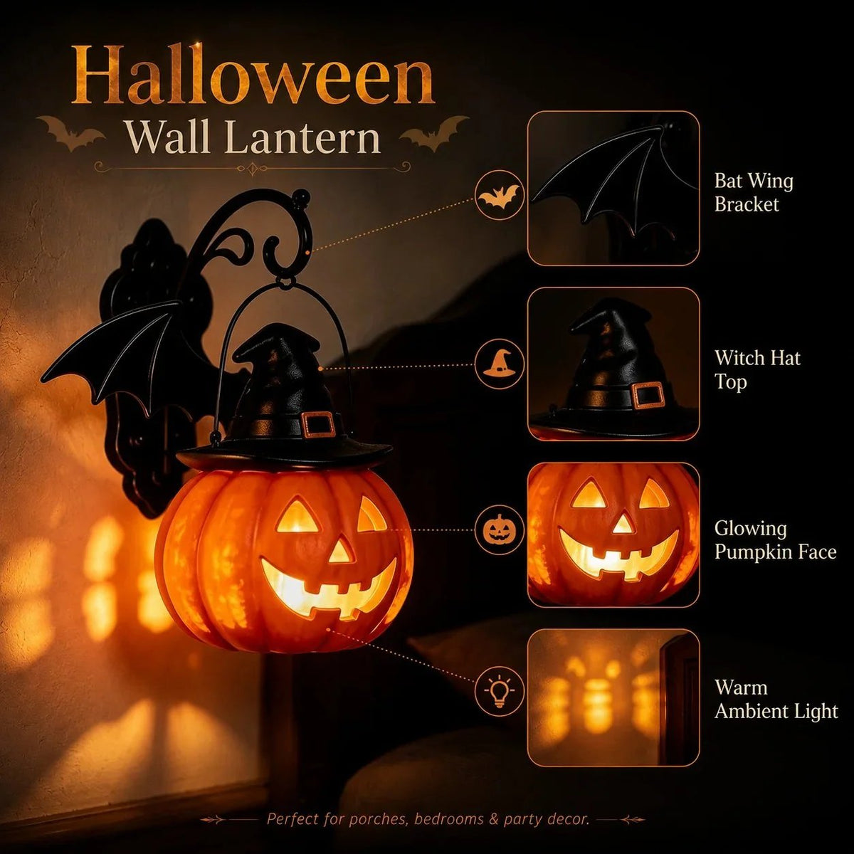 🎃Last Day 50% OFF✨-🦇Bat Hat Pumpkin Wall Lamp for Spooky, Cozy & Festive Home Decor 👻