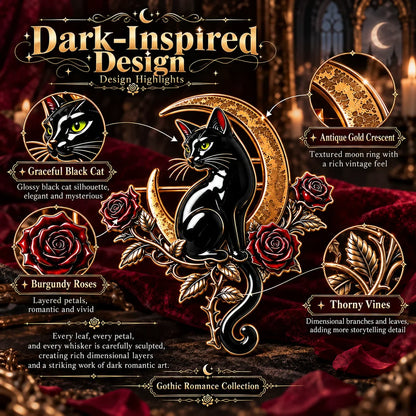 🐈‍⬛ Last Day 50% OFF✨-🌙 Gothic Black Cat Crescent Moon Rose Brooch 🖤