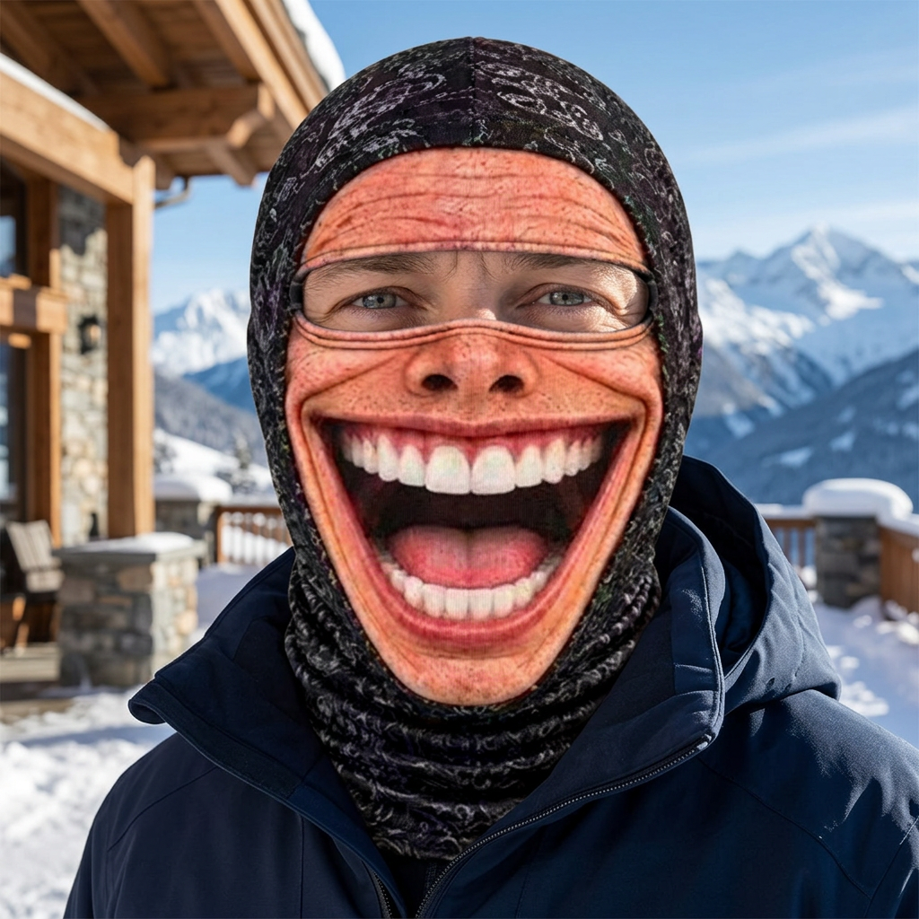 AI-generated winter scene showing the laughing Grandpa face balaclava