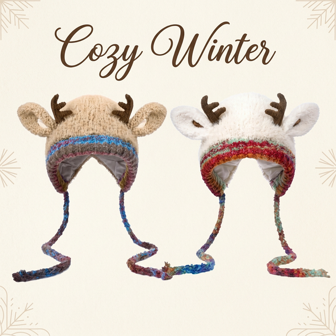 Reindeer knit beanie with antlers, ears and long knit ties