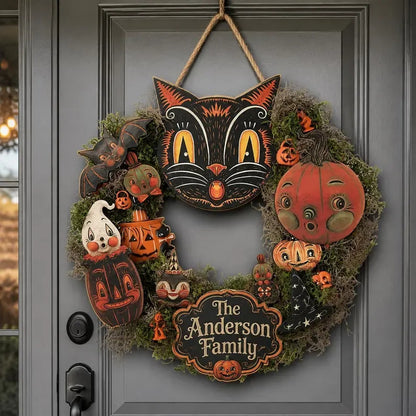 🐈 Last Day 50% OFF✨-🎃Personalized Black Cat Halloween Door Sign with Family Name for Cozy Fall Porch Decor 🐈‍⬛