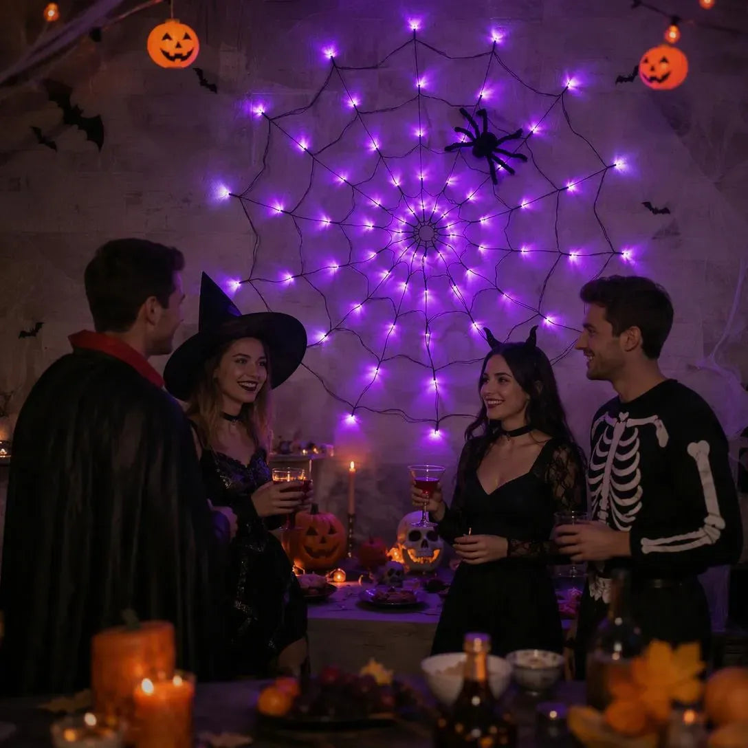 🕷️ Halloween LED Spider Web Lights with Black Spider – 3 Light Colors