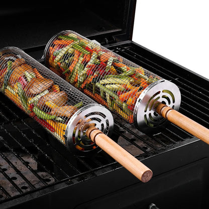 🔥🍖 360° Rolling Grill Basket with Fork – Stainless Steel BBQ Tool 🍴✨