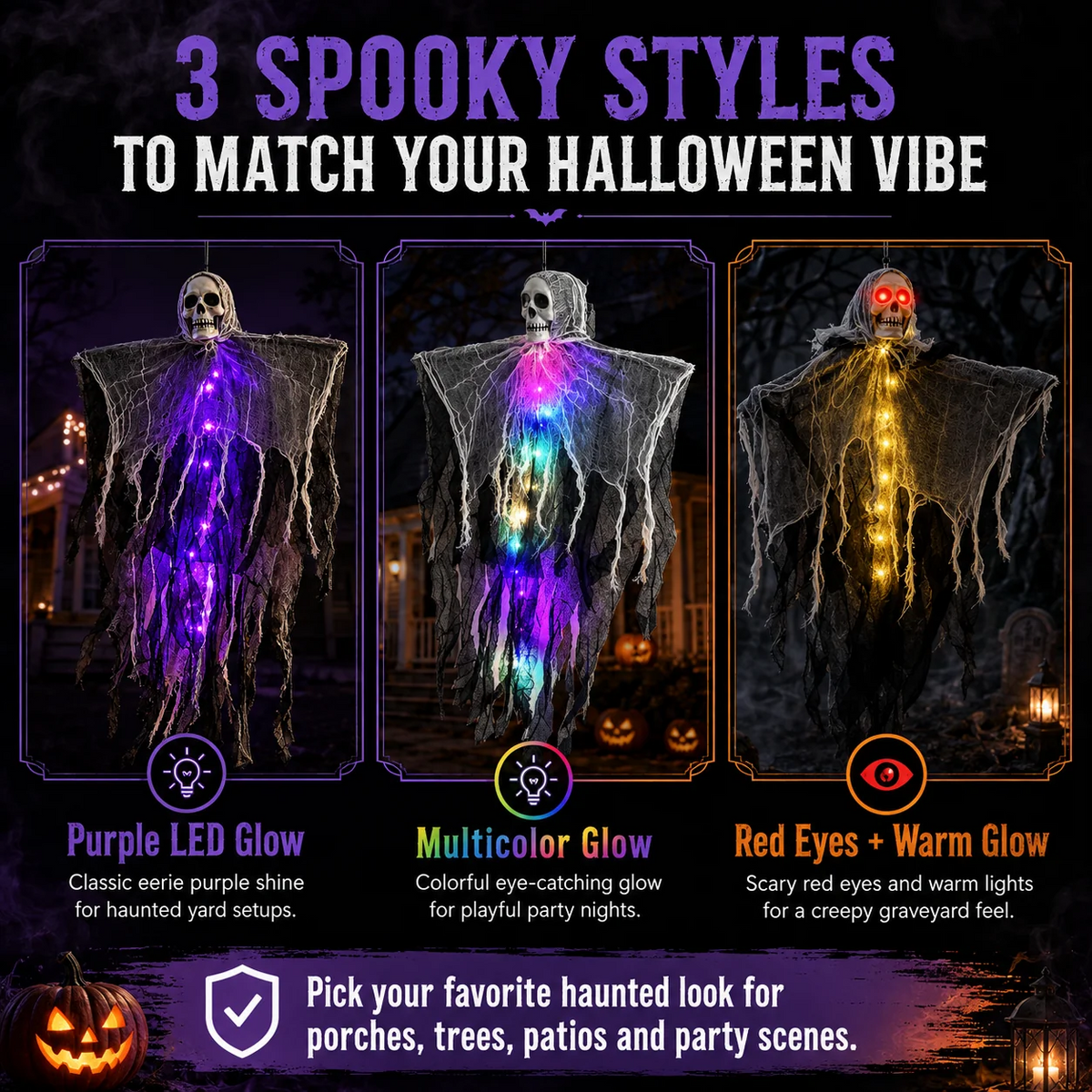👻 LED Hanging Ghost Halloween Decoration – Glowing Skull & Spooky Gauze