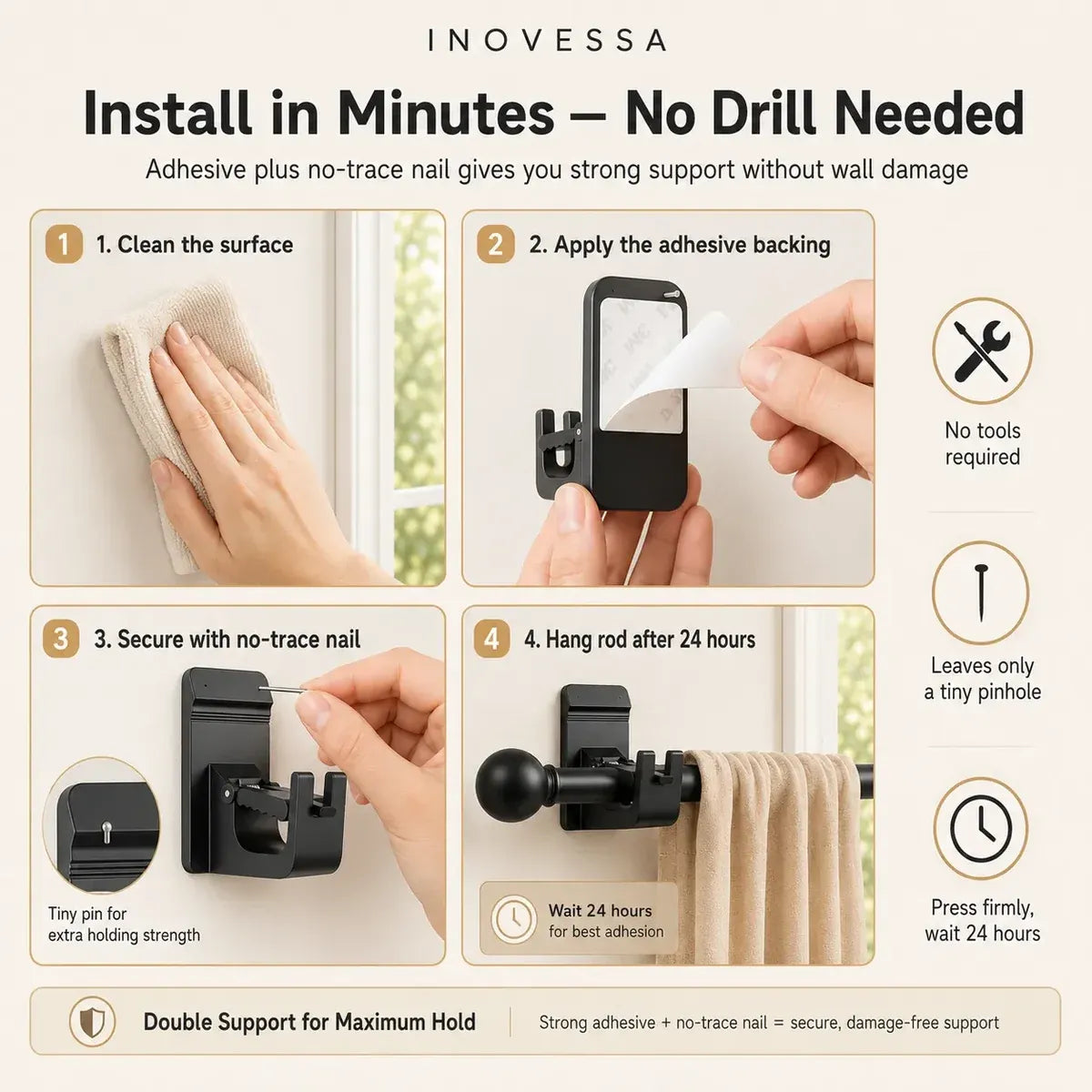 🔨 Halden No-Drill Damage-Free Curtain Rod Brackets