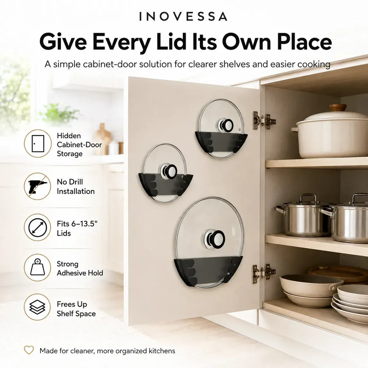 🍳 Adhesive Pot Lid Holders – No-Drill Cabinet Organizer
