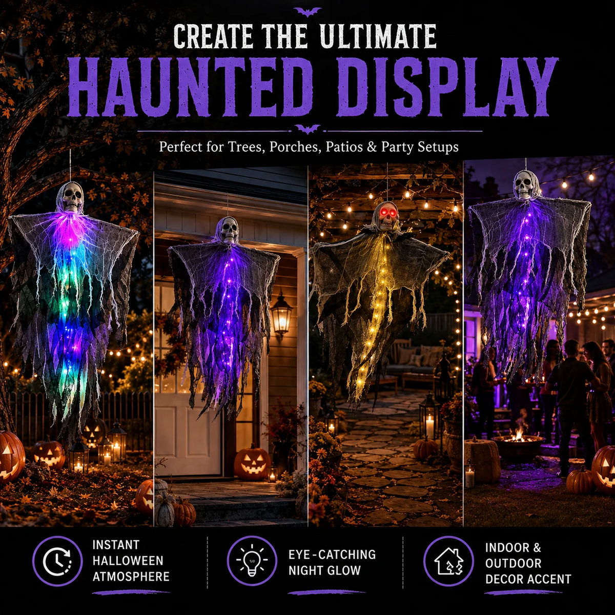 👻 LED Hanging Ghost Halloween Decoration – Glowing Skull & Spooky Gauze