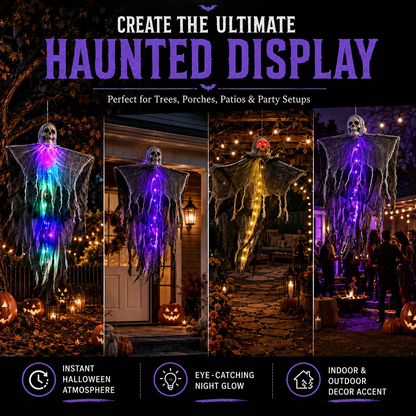👻 LED Hanging Ghost Halloween Decoration – Glowing Skull & Spooky Gauze