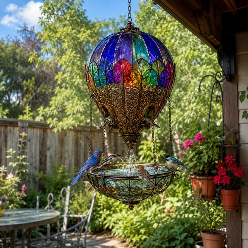 🌈🐦 Stained Glass Hot Air Balloon Bird Feeder & Water Fountain