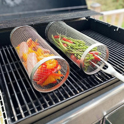 🔥🍖 360° Rolling Grill Basket with Fork – Stainless Steel BBQ Tool 🍴✨