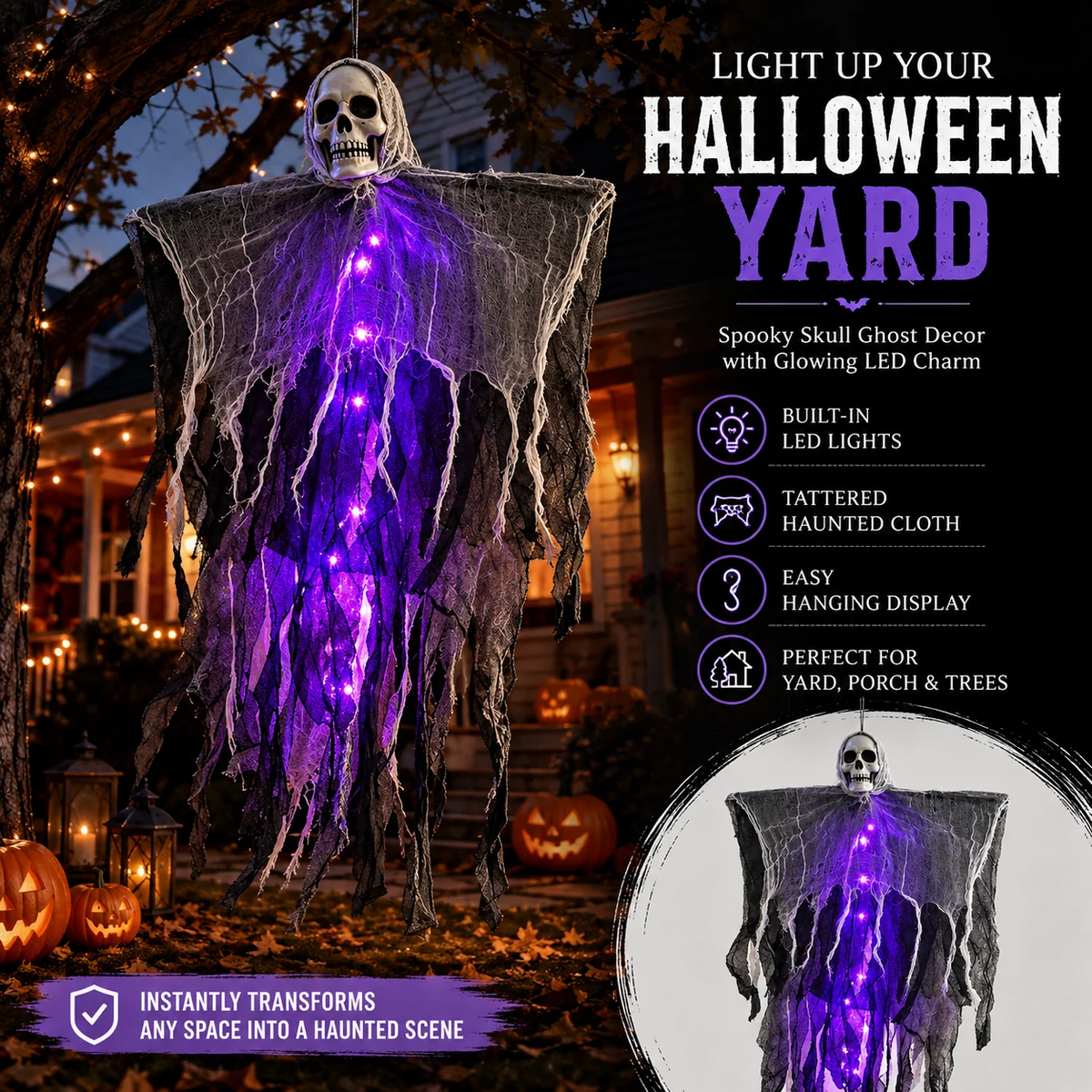 👻 LED Hanging Ghost Halloween Decoration – Glowing Skull & Spooky Gauze