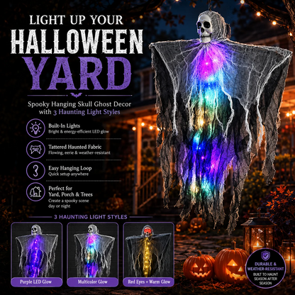 👻 LED Hanging Ghost Halloween Decoration – Glowing Skull & Spooky Gauze