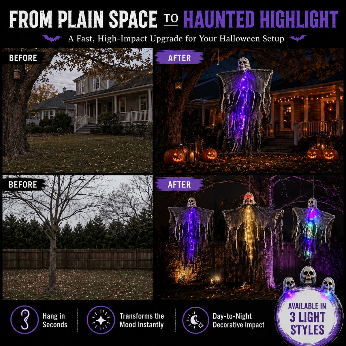 👻 LED Hanging Ghost Halloween Decoration – Glowing Skull & Spooky Gauze