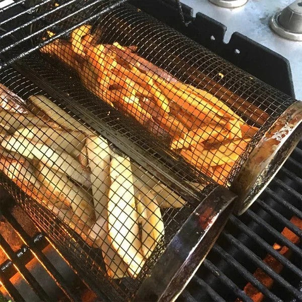 🔥🍖 360° Rolling Grill Basket with Fork – Stainless Steel BBQ Tool 🍴✨