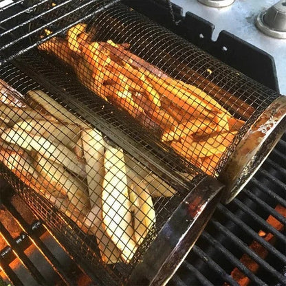 🔥🍖 360° Rolling Grill Basket with Fork – Stainless Steel BBQ Tool 🍴✨