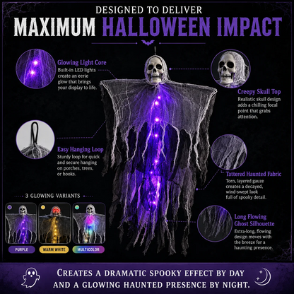 👻 LED Hanging Ghost Halloween Decoration – Glowing Skull & Spooky Gauze
